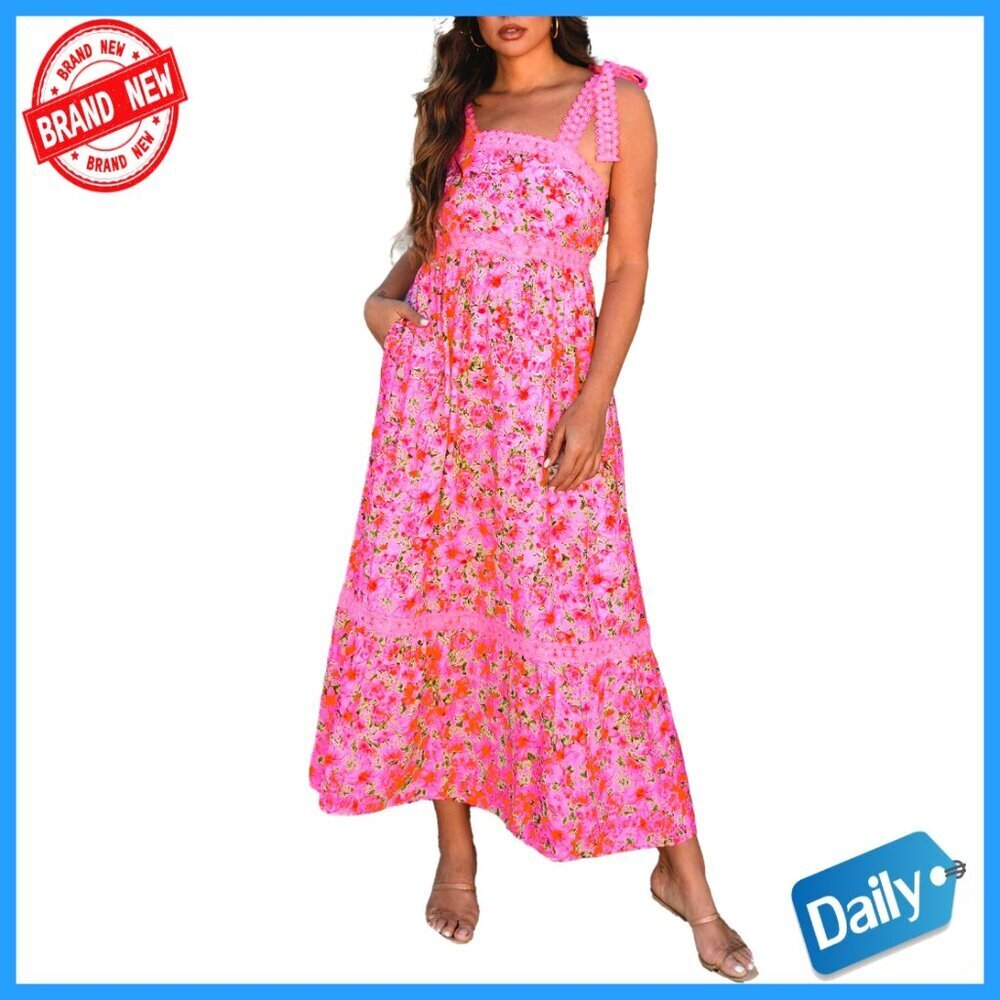 Maxi Dress Sleeveless Lace Strap Empire Waist A-Line Side Pockets Casual